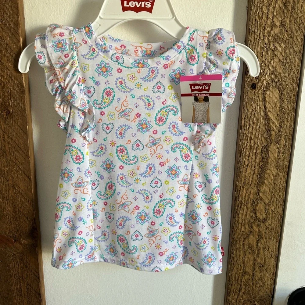 New Levi's Girls Size 4 Colorful Paisley Print Top Ruffle Layered Short Sleeves